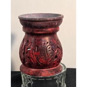 Carved Soapstone Oil Burner Candle Holder Red Black 3.75” Incense Warmer